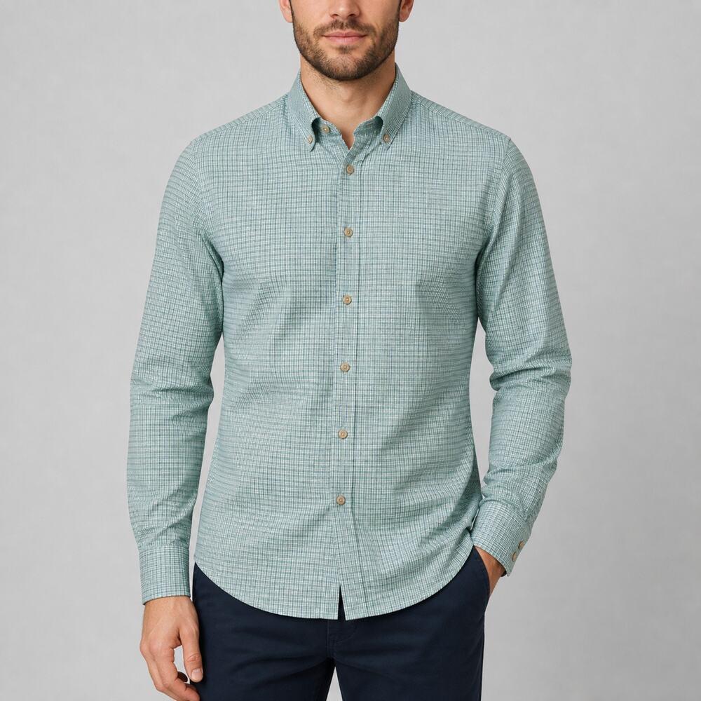 Charles Tyrwhitt Shirt Mens Large Green Blue Plaid Slim Fit Non Iron Cotton